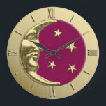 Art Deco Moon and Stars - Burgund und Gold Große Wanduhr<br><div class="desc">Classic Art Deco Moon und Sterne Design in gebürstetem Gold,  mit Emaille-Look,  burgundischen Wein / Pflaumenfarben Hintergrund</div>