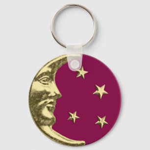 Art Deco Moon and Stars - Burgund und Gold Schlüsselanhänger