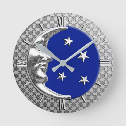 Art Deco Moon and Stars, Cobalt Blue and Silver Runde Wanduhr (Vorderseite)