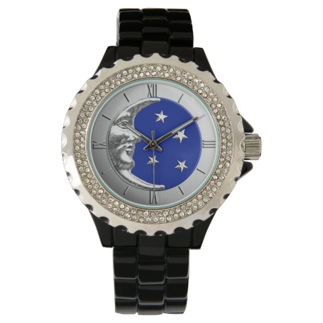 Art Deco Moon and Stars - Cobalt Blue und Silver Armbanduhr (Vorderseite)