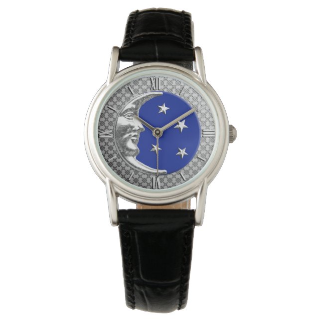 Art Deco Moon and stars - Cobalt Blue und Silver Armbanduhr (Vorderseite)