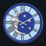 Art Deco Moon and Stars - Cobalt Blue und Silver Große Wanduhr<br><div class="desc">Klassische Art Deco Moon und Sterne Design in gebürstetem Silber auf Emaille,  Kobalt Blau mit hellblauem Hintergrund</div>