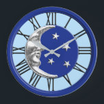 Art Deco Moon and Stars - Cobalt Blue und Silver Große Wanduhr<br><div class="desc">Klassische Art Deco Moon und Sterne Design in gebürstetem Silber auf Emaille,  Kobalt Blau mit hellblauem Hintergrund</div>