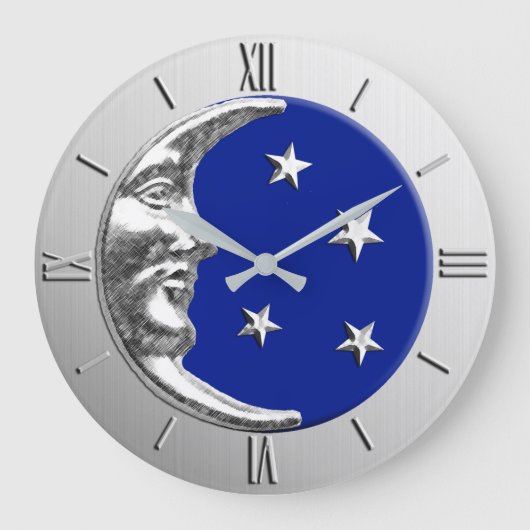 Art Deco Moon and Stars - Cobalt Blue und Silver Große Wanduhr (Vorderseite)