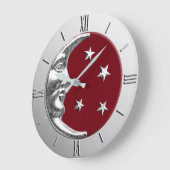 Art Deco Moon and Stars - Dunkelrot und Silber Große Wanduhr (Winkel)