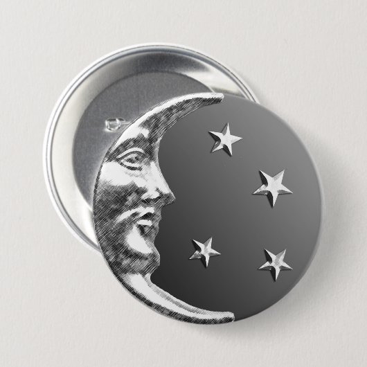 Art Deco Moon and Stars - Grau / Grau und Silber Button (Vorne & Hinten)