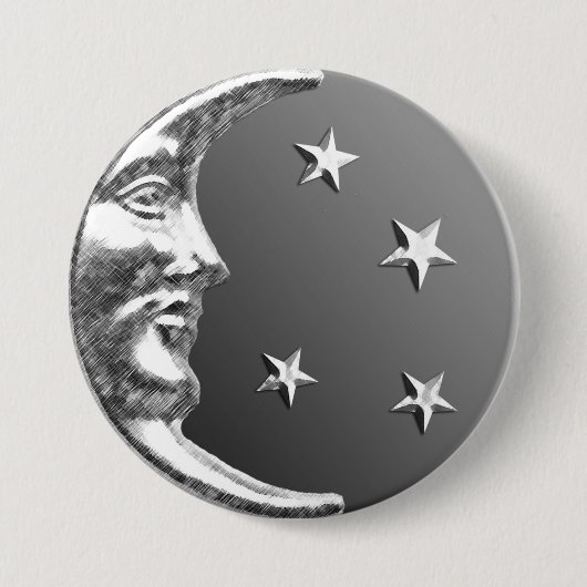 Art Deco Moon and Stars - Grau / Grau und Silber Button (Vorderseite)