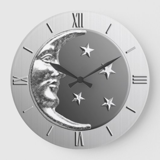 Art Deco Moon and Stars - Grau / Grau und Silber Große Wanduhr (Vorderseite)