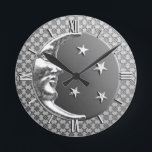 Art Deco Moon and Stars, Hematite Gray & Silver Runde Wanduhr<br><div class="desc">Uhr in einem klassischen Art-Déco-Mond und Sterne-Design in gebürstetem Silber mit Emaille-Look,  hämatergrau / grau Hintergrund</div>