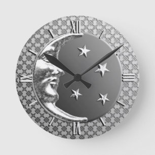 Art Deco Moon and Stars, Hematite Gray & Silver Runde Wanduhr