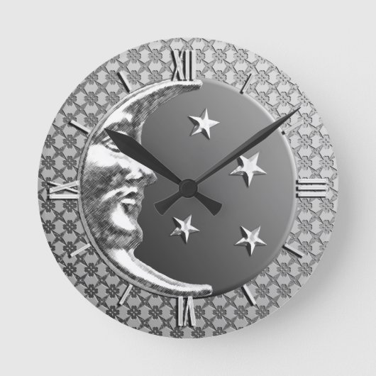 Art Deco Moon and Stars, Hematite Gray & Silver Runde Wanduhr (Vorderseite)