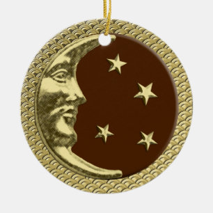 Art Deco Moon and Stars in Schokolade und Gold Keramik Ornament