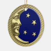 Art Deco Moon and Stars Navy auf einem Golden Back Keramik Ornament (Links)