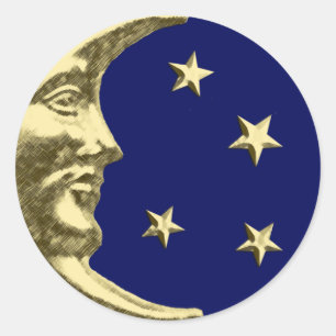 Art Deco Moon and Stars - Navy Blue und Gold Runder Aufkleber
