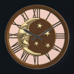 Art Deco Moon and Stars - Peach, Brown & Gold Große Wanduhr<br><div class="desc">Classic Art Deco Moon und Sterne Design in gebürstetem Gold auf Emaille schokoladenbraun mit pfirsichrosa Hintergrund</div>