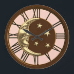 Art Deco Moon and Stars - Peach, Brown & Gold Große Wanduhr<br><div class="desc">Classic Art Deco Moon und Sterne Design in gebürstetem Gold auf Emaille schokoladenbraun mit pfirsichrosa Hintergrund</div>