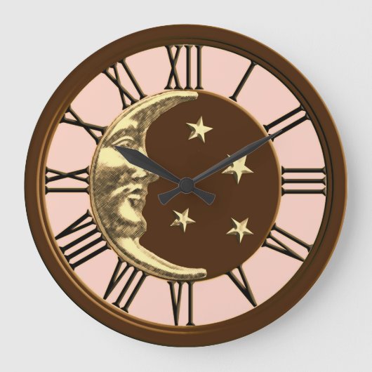 Art Deco Moon and Stars - Peach, Brown & Gold Große Wanduhr (Vorderseite)