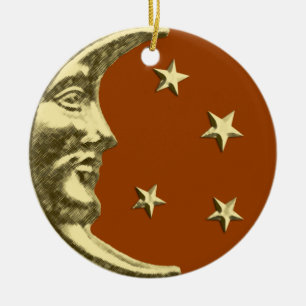 Art Deco Moon and Stars - Rostbraun und Gold Keramik Ornament