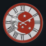 Art Deco Moon and Stars - Rot, Grau und Silber Große Wanduhr<br><div class="desc">Classic Art Deco Moon und Sterne Design in gebürstetem Silber auf Emaille-Look,  dunkelchinesisches Rot mit einem hellsilbergrauen / grauen Hintergrund</div>