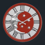 Art Deco Moon and Stars - Rot, Grau und Silber Große Wanduhr<br><div class="desc">Classic Art Deco Moon und Sterne Design in gebürstetem Silber auf Emaille-Look,  dunkelchinesisches Rot mit einem hellsilbergrauen / grauen Hintergrund</div>