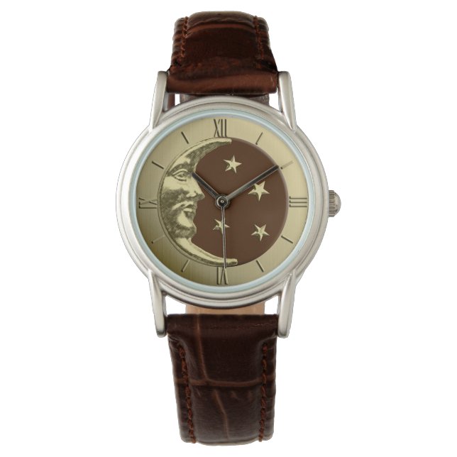 Art Deco Moon and Stars - Schokolade Braun & Gold Armbanduhr (Vorderseite)