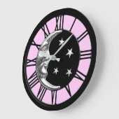 Art Deco Moon and Stars - Schwarz, Rosa und Silber Große Wanduhr (Winkel)