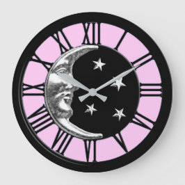 Art Deco Moon and Stars - Schwarz, Rosa und Silber Große Wanduhr