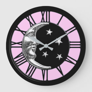 Art Deco Moon and Stars - Schwarz, Rosa und Silber Große Wanduhr