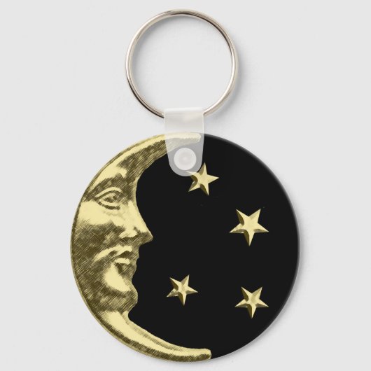 Art Deco Moon and Stars - Schwarz und Gold Schlüsselanhänger (Vorderseite)