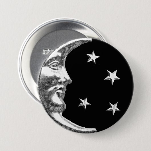Art Deco Moon and Stars - Schwarz und Silber Button (Vorne & Hinten)