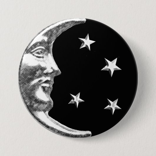 Art Deco Moon and Stars - Schwarz und Silber Button (Vorderseite)
