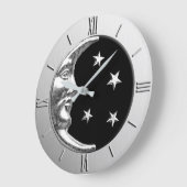 Art Deco Moon and Stars - Schwarz und Silber Große Wanduhr (Winkel)