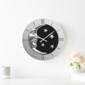 Art Deco Moon and Stars - Schwarz und Silber Große Wanduhr (Zuhause)
