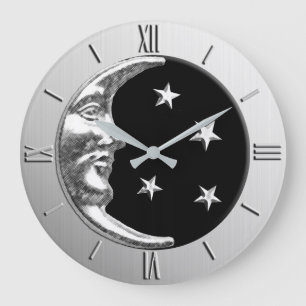 Art Deco Moon and Stars - Schwarz und Silber Große Wanduhr