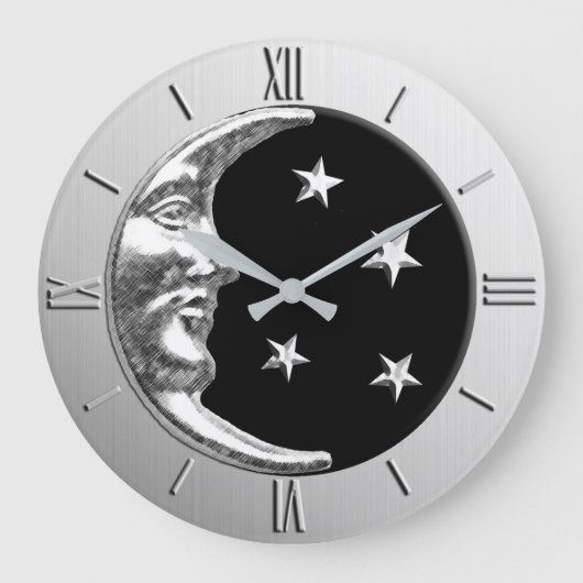 Art Deco Moon and Stars - Schwarz und Silber Große Wanduhr (Vorderseite)