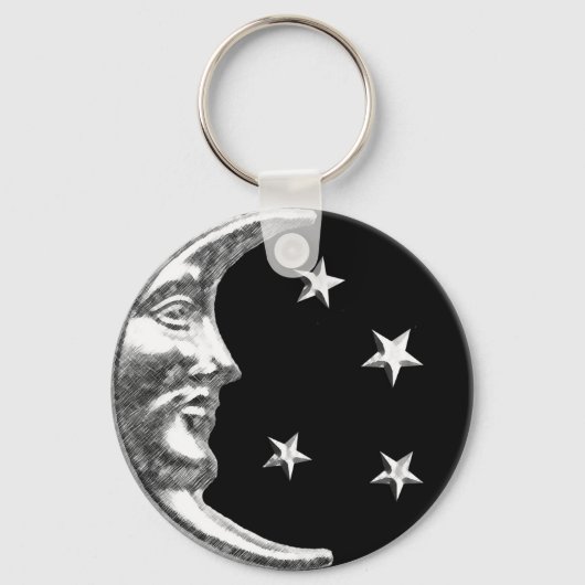Art Deco Moon and Stars - Schwarz und Silber Schlüsselanhänger (Vorderseite)