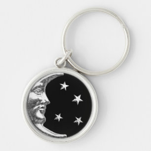 Art Deco Moon and Stars - Schwarz und Silber Schlüsselanhänger