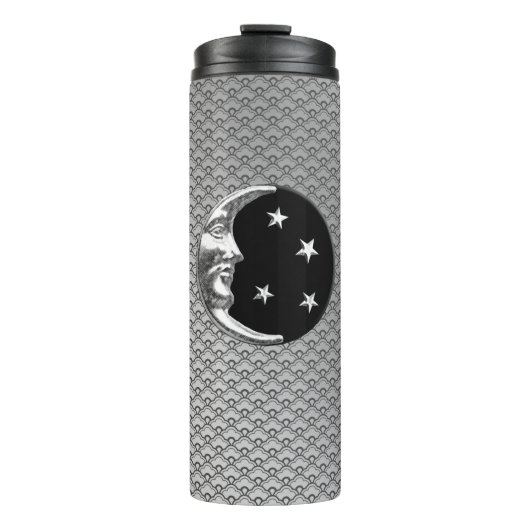 Art Deco Moon and Stars, Schwarz und Silber Thermosbecher (Vorderseite)