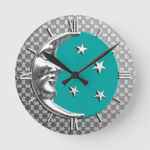 Art Deco Moon and Stars, Türkis und Silber Runde Wanduhr
