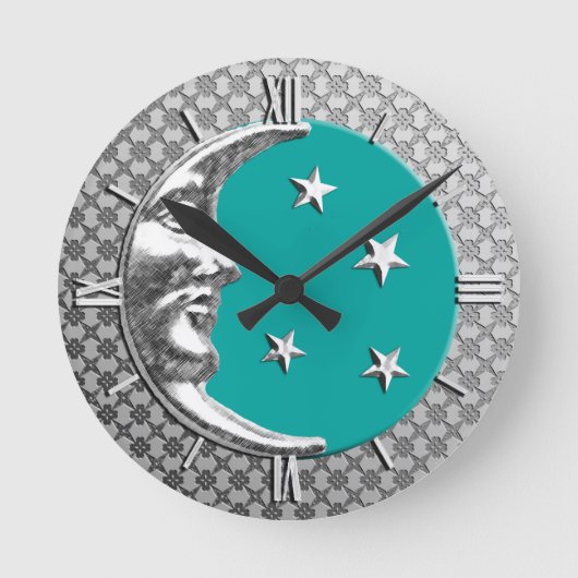 Art Deco Moon and Stars, Türkis und Silber Runde Wanduhr (Vorderseite)