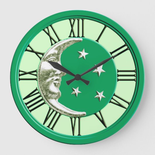 Art Deco Moon Face - Jade Green und Silver Große Wanduhr (Vorderseite)