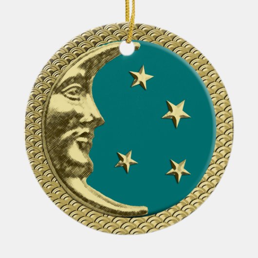Art Deco Moon und Stars Aquamarin auf einem Golden Keramik Ornament (Vorne)