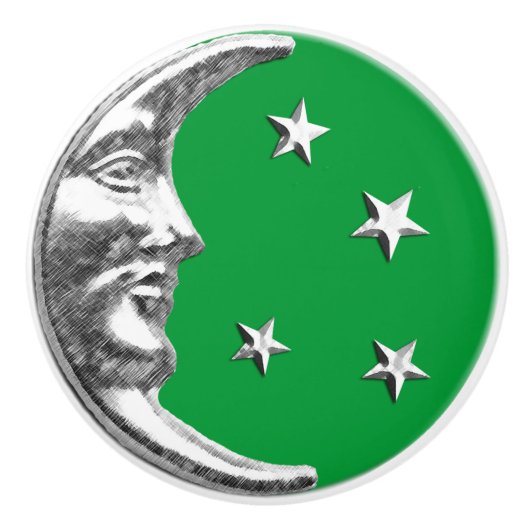 Art Deco Moon und Stars - Jade Green und Silver Keramikknauf (Vorderseite)