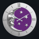 Art Deco Moon und Sterne - Amethyst Lila & Silver Große Wanduhr<br><div class="desc">Classic Art Deco Moon und Sterne Design in gebürstetem metallischem Silber,  mit einem Emaille-Look,  tiefem amethestem lila Hintergrund</div>