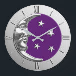 Art Deco Moon und Sterne - Amethyst Lila & Silver Große Wanduhr<br><div class="desc">Classic Art Deco Moon und Sterne Design in gebürstetem metallischem Silber,  mit einem Emaille-Look,  tiefem amethestem lila Hintergrund</div>