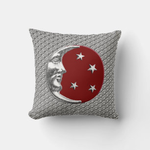 Art Deco Moon und Sterne - Dunkelrot und Silber Kissen