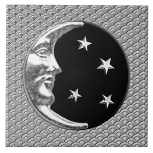 Art Deco Moon und Sterne - Schwarz und Silber Fliese