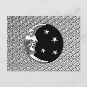 Art Deco Moon und Sterne - Schwarz und Silber Postkarte