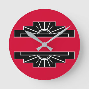 Art Deco Motif in B&W and Red Round Clock Runde Wanduhr