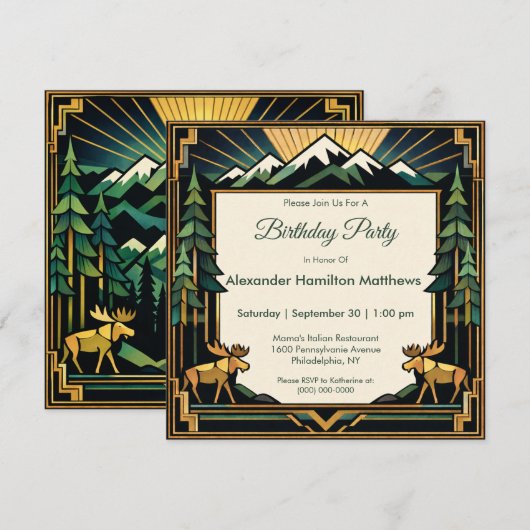 Art Deco Mountain Forest Birthday Party Einladung (Vorne/Hinten)